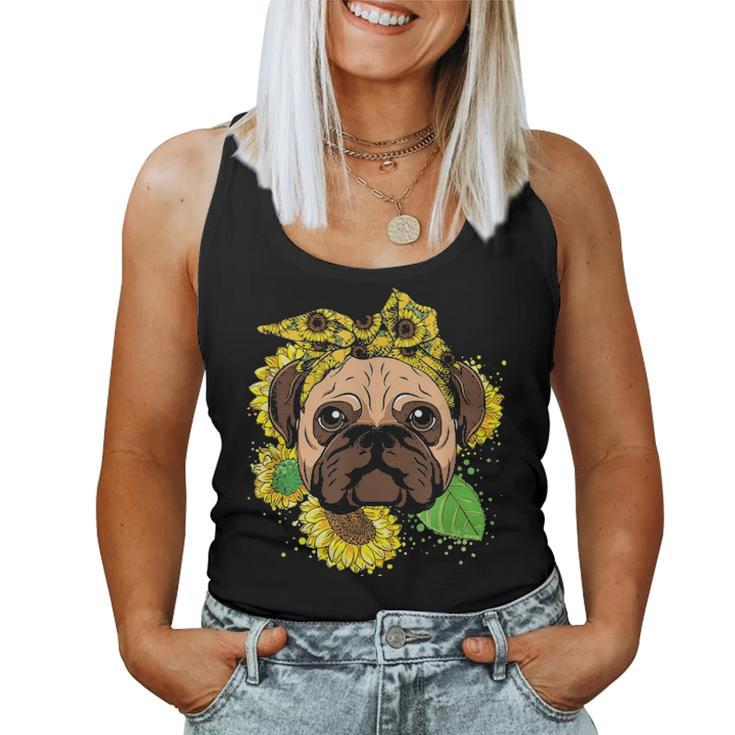 Funny Pug Dog Mom Sunflower Head Bandana Womens Girls Gift Women Tank Top Basic Casual Daily Weekend Graphic