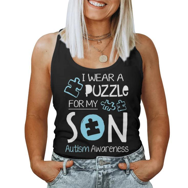 I Wear A Blue Puzzle For My Son Autism Aware Month Mom Dad Women Tank Top Basic Casual Daily Weekend Graphic