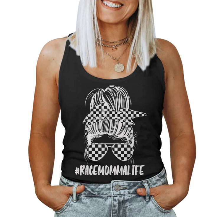 Its Race Day Momma Checkered Flag Racing Messy Bun Mom Women Tank Top Basic Casual Daily Weekend Graphic