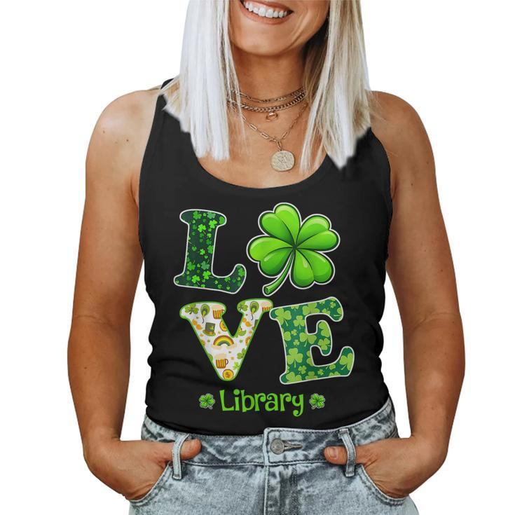 Love Shamrock Library St Patricks Day Teacher  Women Tank Top Basic Casual Daily Weekend Graphic