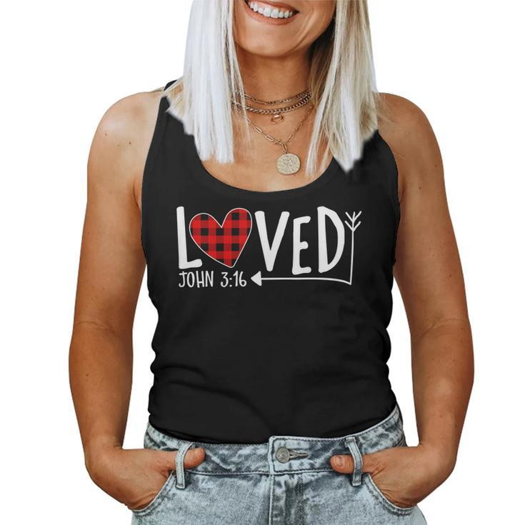 Loved John 316 Red Plaid Heart Christian Valentines Day Women Tank Top