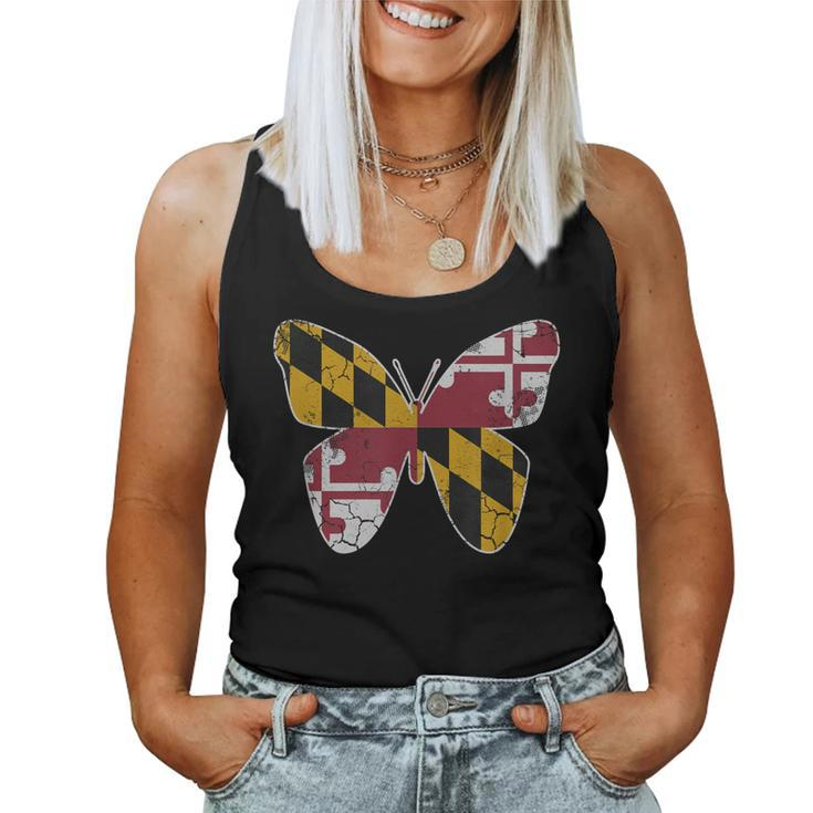 Maryland Flag Butterfly Home State Vintage Distressed  Women Tank Top Basic Casual Daily Weekend Graphic