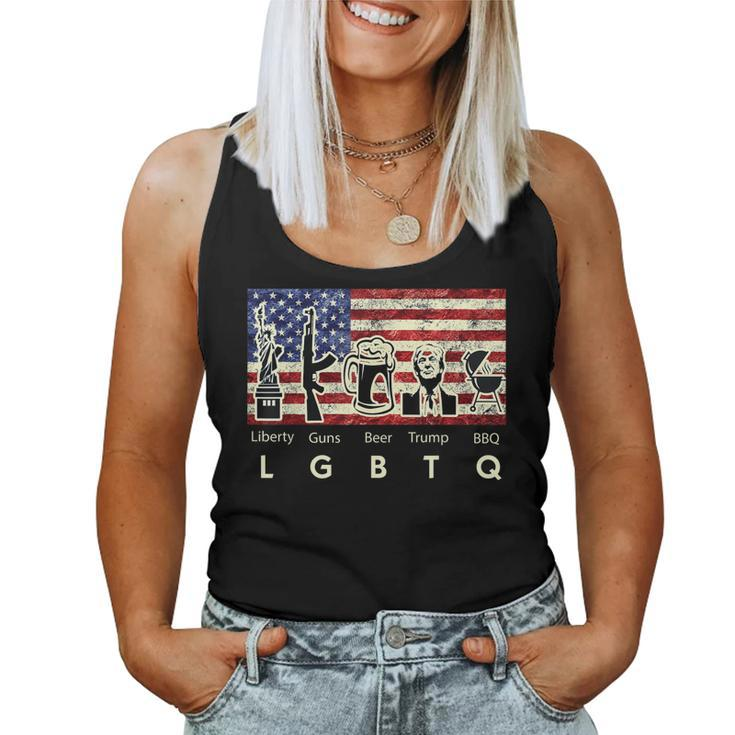 Parody Trump Lgbtq Liberty Guns Beer Bbq American Usa Flag Women Tank Top