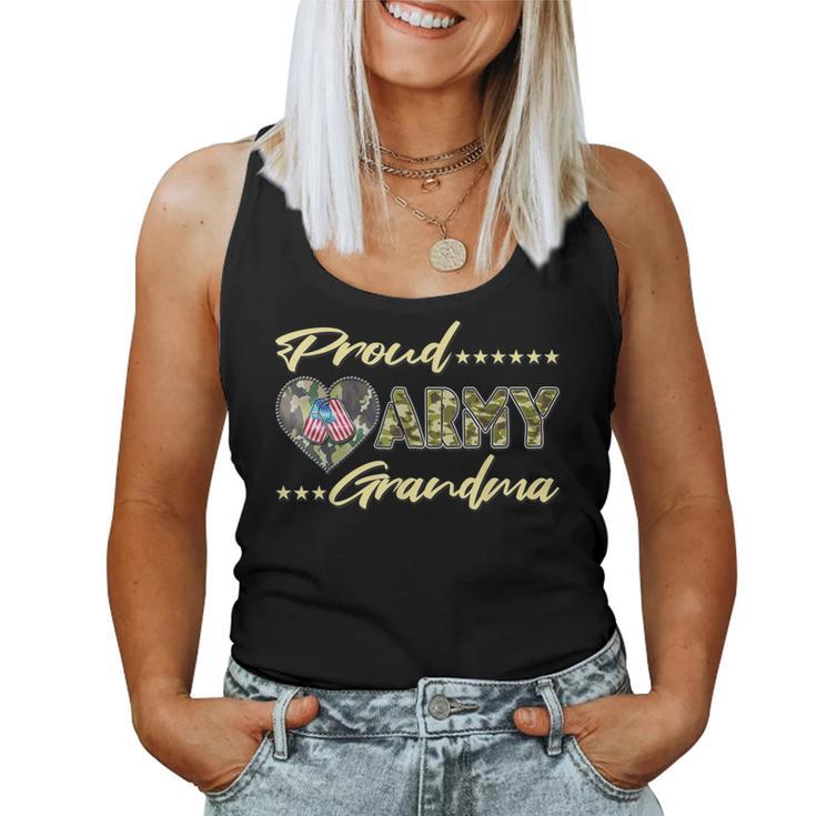 Proud Army Grandma Us Flag Dog Tag Military Grandmother Gift Women Tank Top Basic Casual Daily Weekend Graphic