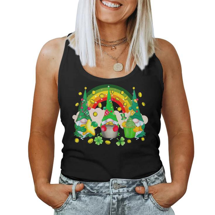 St Patricks Day Three Gnomes Holding Shamrock Gnome Rainbow  Women Tank Top Basic Casual Daily Weekend Graphic