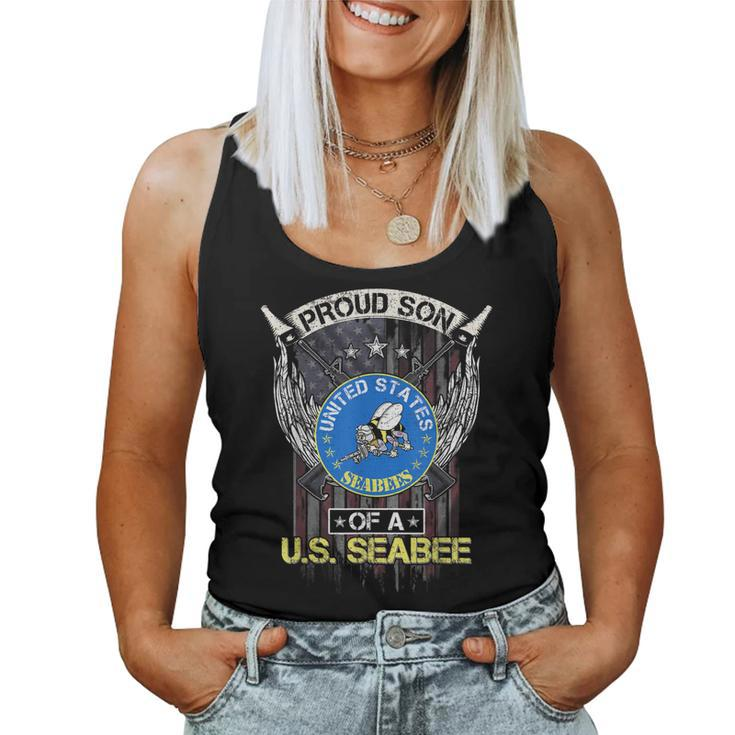 Vintage Usa American Flag Proud Son Of A Us Seabee Veteran  Women Tank Top Basic Casual Daily Weekend Graphic