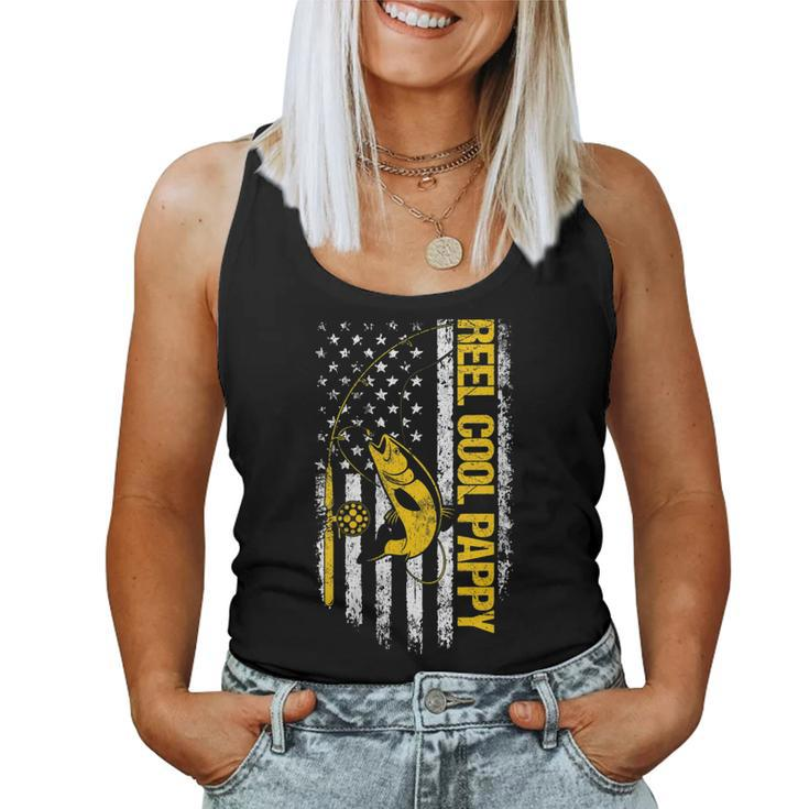 Womens Reel Cool Pappy Fishing Dad Joke Usa Flag Fathers Day Women Tank Top Basic Casual Daily Weekend Graphic