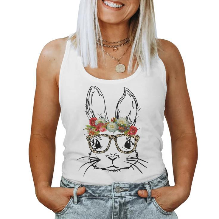 Cute Mom N Girls Easter Bunny With Glasses Leopard Print Women Tank Top
