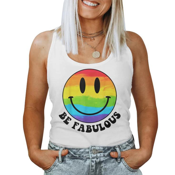 Be Gay Fabulous Groovy Rainbow Smile Face Lgbt Pride Month Women Tank Top