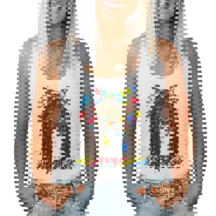 Messy Bun Black Autism Mom Afro Mother Autism Awareness Women Tank Top