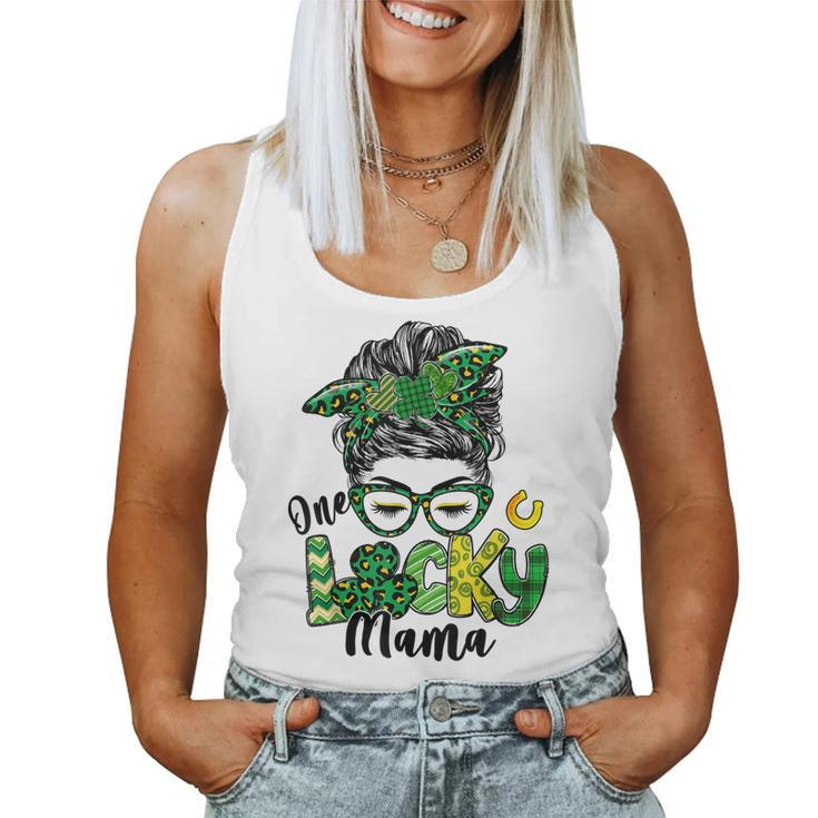 One Lucky Mama St Patricks Day Messy Bun Leopard Bandana  Women Tank Top Basic Casual Daily Weekend Graphic