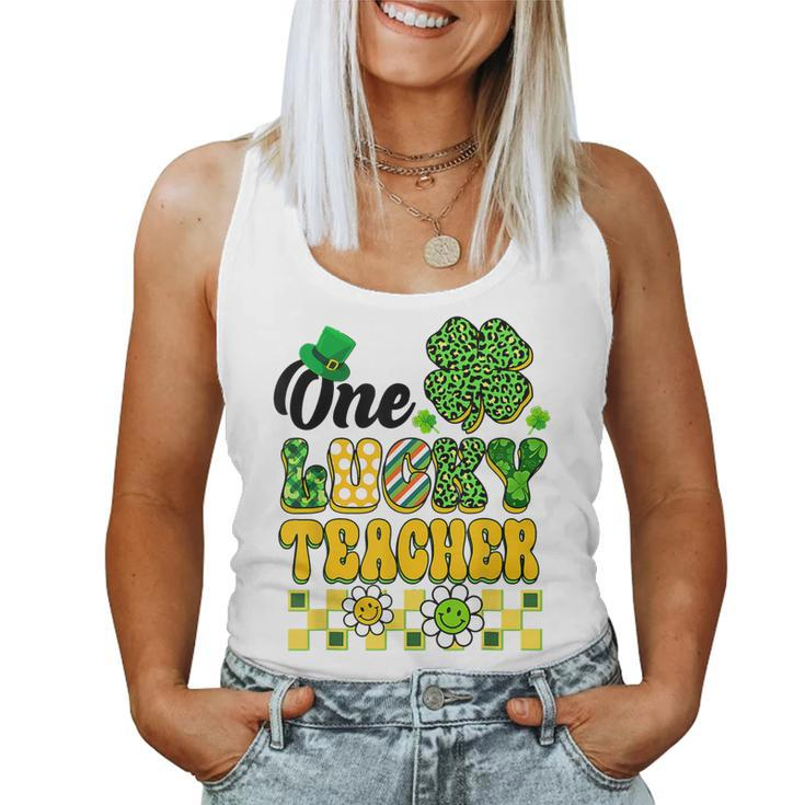 One Lucky Teacher Groovy Shamrock Happy St Patricks Day  Women Tank Top Basic Casual Daily Weekend Graphic