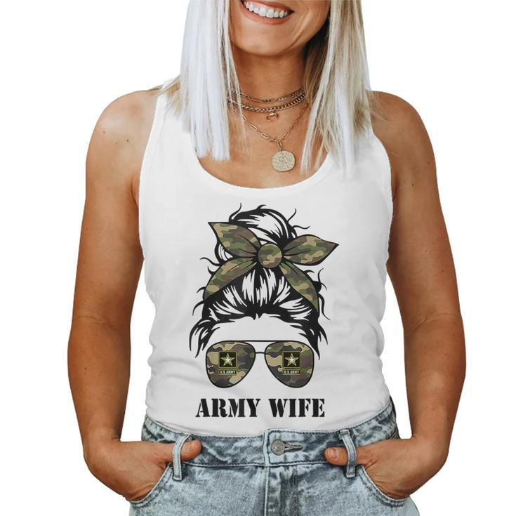 Proud Army Wife Messy Bun Hair Camouflage Bandana Sunglasses Women Tank Top