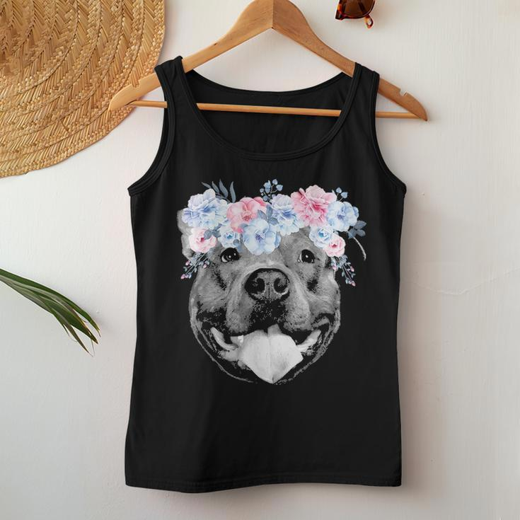 Cute Pitbull Face Floral Watercolor Flower Pittie Mom Gift Women Tank Top Basic Casual Daily Weekend Graphic Funny Gifts