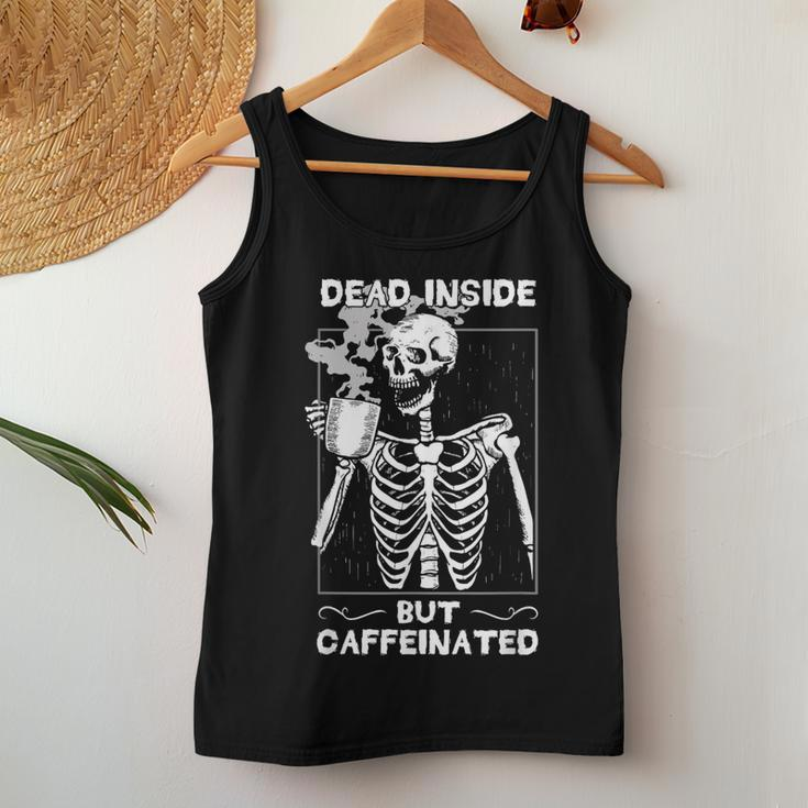 Dead Inside But Caffeinated Skeleton Drinking Coffee Funny Women Tank Top Basic Casual Daily Weekend Graphic Funny Gifts