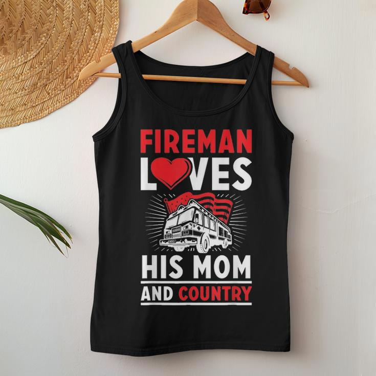 Fireman Loves His Mom And Country Mothers Day Firefighter Women Tank Top Basic Casual Daily Weekend Graphic Funny Gifts