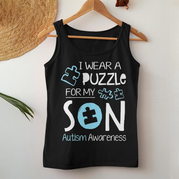 I Wear A Blue Puzzle For My Son Autism Aware Month Mom Dad Women Tank Top Basic Casual Daily Weekend Graphic Funny Gifts