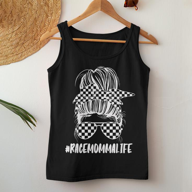 Its Race Day Momma Checkered Flag Racing Messy Bun Mom Women Tank Top Basic Casual Daily Weekend Graphic Personalized Gifts