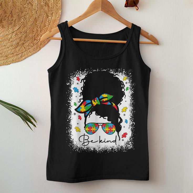 Be Kind Autism Awareness Messy Bun Afro Autistic Girl Woman Women Tank Top Unique Gifts