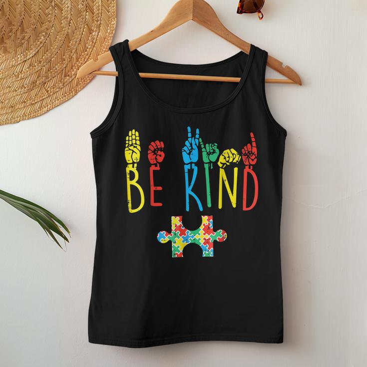 Be Kind Hand Sign Language Puzzle Autism Awareness Asl Mom Women Tank Top Unique Gifts