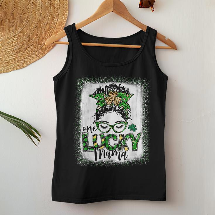 Messy Bun Leopard St Patricks Day One Lucky Mama Bleached Women Tank Top Basic Casual Daily Weekend Graphic Personalized Gifts