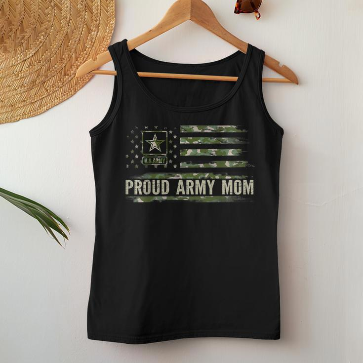 Vintage Proud Army Mom Camo American Flag Veteran Gift Women Tank Top Basic Casual Daily Weekend Graphic Funny Gifts