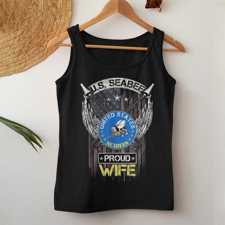 Vintage Usa American Flag Us Seabee Proud Veteran Wife Funny Women Tank Top Basic Casual Daily Weekend Graphic Funny Gifts