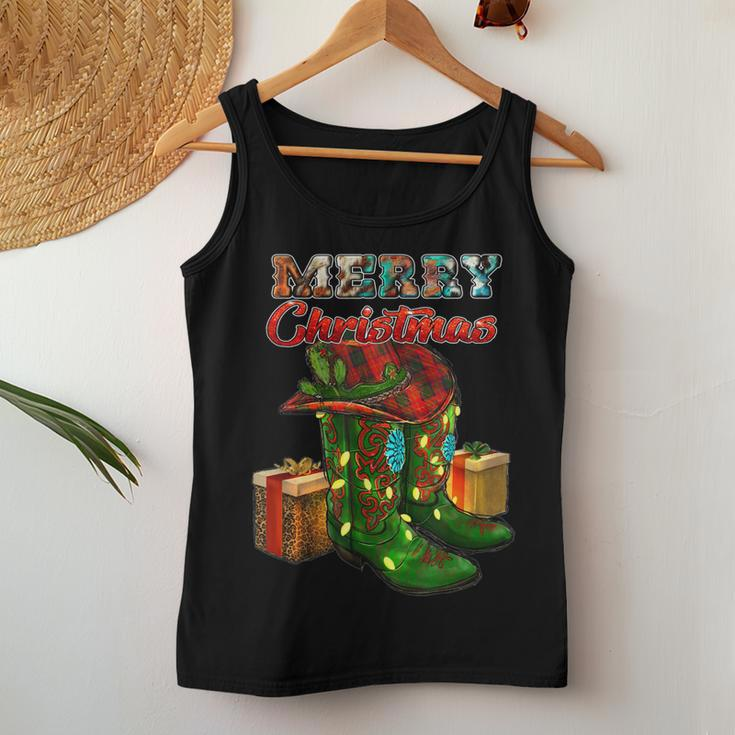 Western Texas Cow Print Cowboy Boots Hat Merry Christmas Women Tank Top Unique Gifts