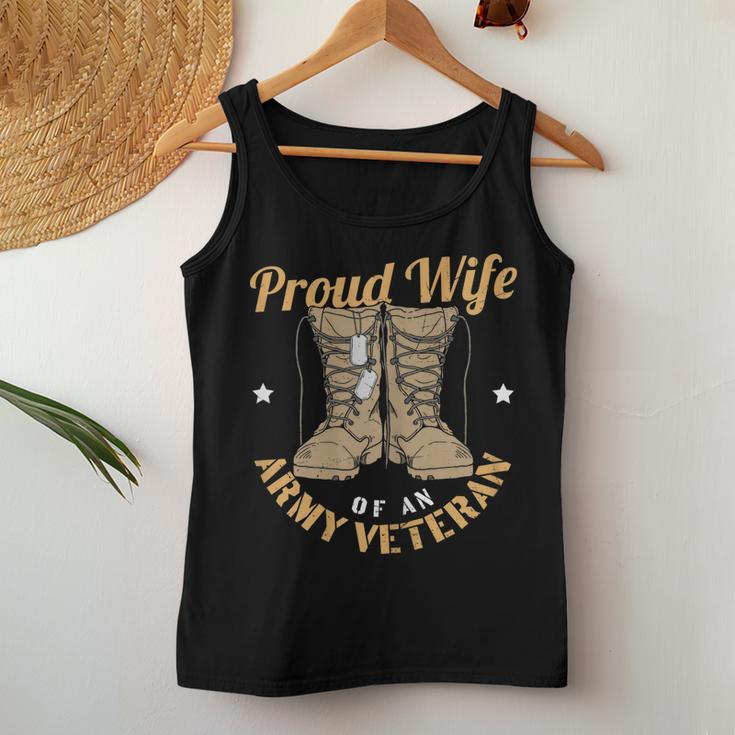 Womens 4Th Of July Celebration Proud Wife Of An Army Veteran Spouse Women Tank Top Basic Casual Daily Weekend Graphic Funny Gifts