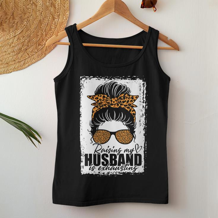 Womens Raising My Husband Is Exhausting Messy Bun Wife Funny Saying Women Tank Top Basic Casual Daily Weekend Graphic Funny Gifts