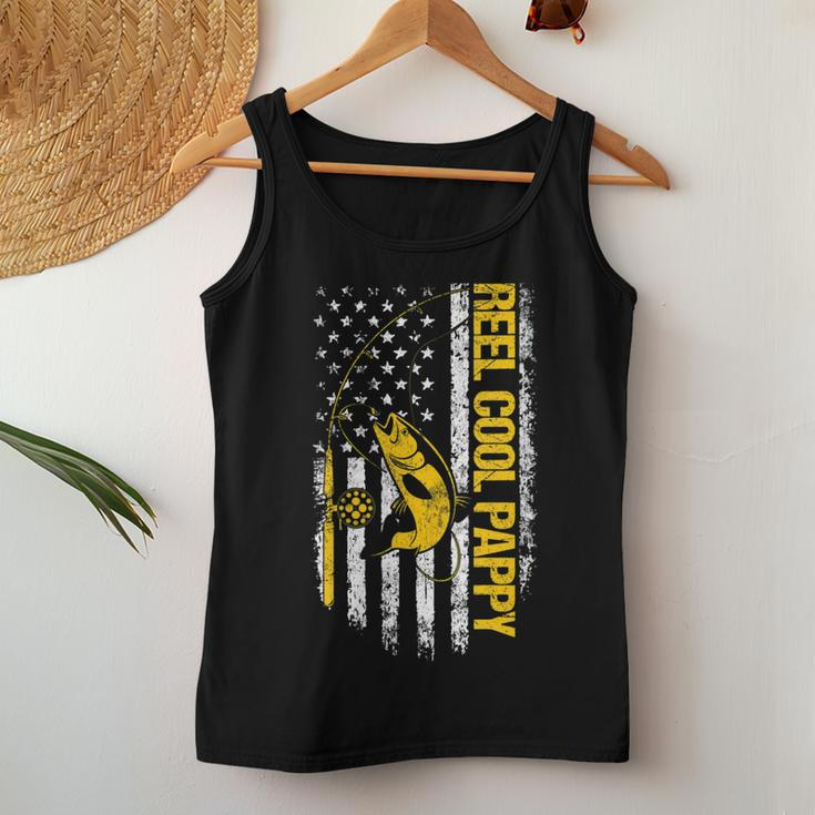 Womens Reel Cool Pappy Fishing Dad Joke Usa Flag Fathers Day Women Tank Top Basic Casual Daily Weekend Graphic Personalized Gifts