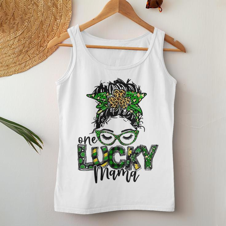 Cute Messy Bun Leopard Plaid St Patricks Day One Lucky Mama Women Tank Top Basic Casual Daily Weekend Graphic Personalized Gifts