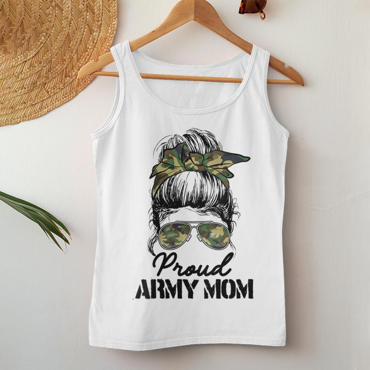 Womens Proud Army Mom Camouflage Messy Bun Soldier Mothers Day Women Tank Top Basic Casual Daily Weekend Graphic Funny Gifts