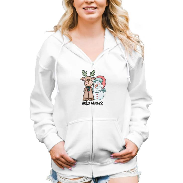 Cute Christmas Deer Snowman Hello Winter Women Hoodie Casual Graphic Zip Up Hooded Sweatshirt