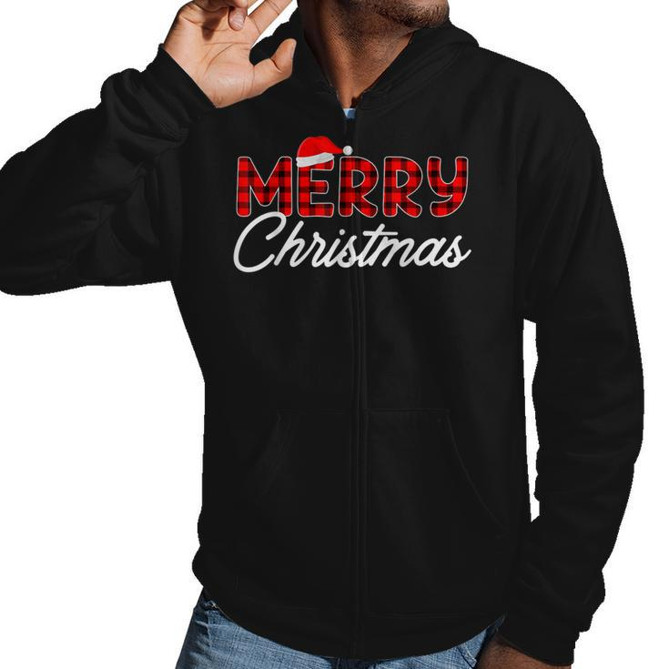 Merry Christmas Buffalo Plaid Red Santa Hat Xmas Pajamas  V2 Men Hoodie Casual Graphic Zip Up Hooded Sweatshirt