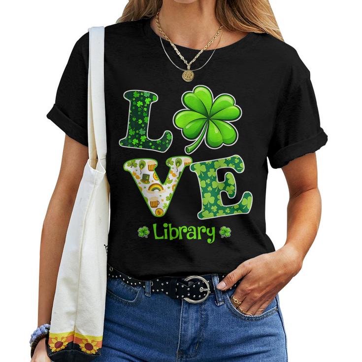 Love Shamrock Library St Patricks Day Teacher  Women T-shirt Casual Daily Crewneck Short Sleeve Graphic Basic Unisex Tee