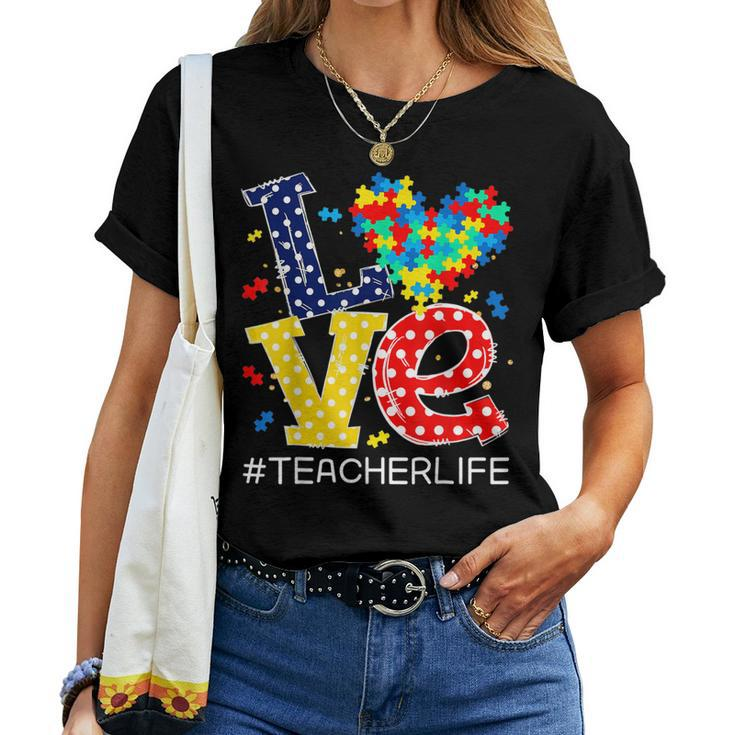 Autism Awareness Month Love Heart Puzzle Piece Teacher Life Women T-shirt