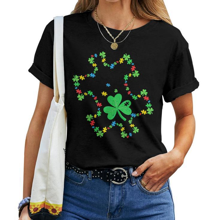Autism Awareness Rainbow Puzzle Shamrock St Patricks Day Women T-shirt