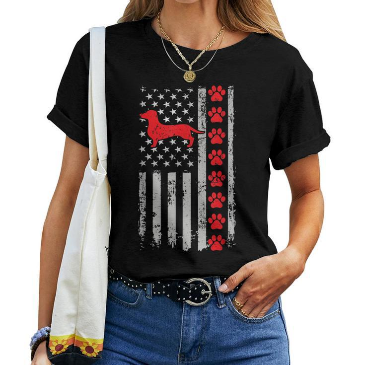Best Firefighter Dachshund Mom Dad Ever Us Flag Dog Paws Women T-shirt