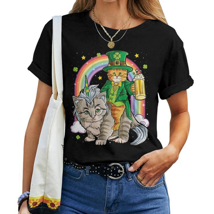 Cat St Patricks Day Leprechaun Riding Unicorn Women Men Beer Tank Top Women T-shirt