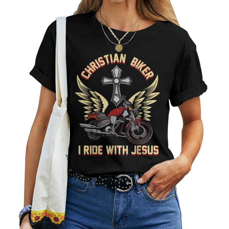 Christian Biker I Ride With Jesus Motorcycle Rider Women T-shirt