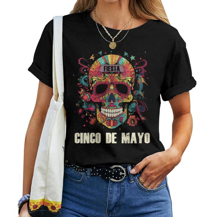 Womens Cinco De Mayo Day Of Dead Sugar Skull Skeleton Floral Skull Women T-shirt
