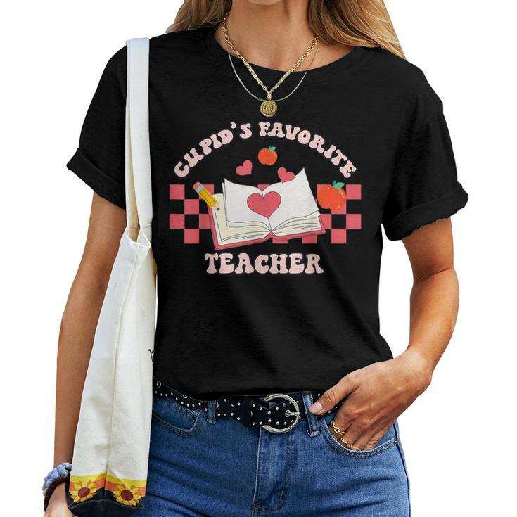 Cupids Favorite Teacher Happy Valentines Day Retro Groovy Women T-shirt
