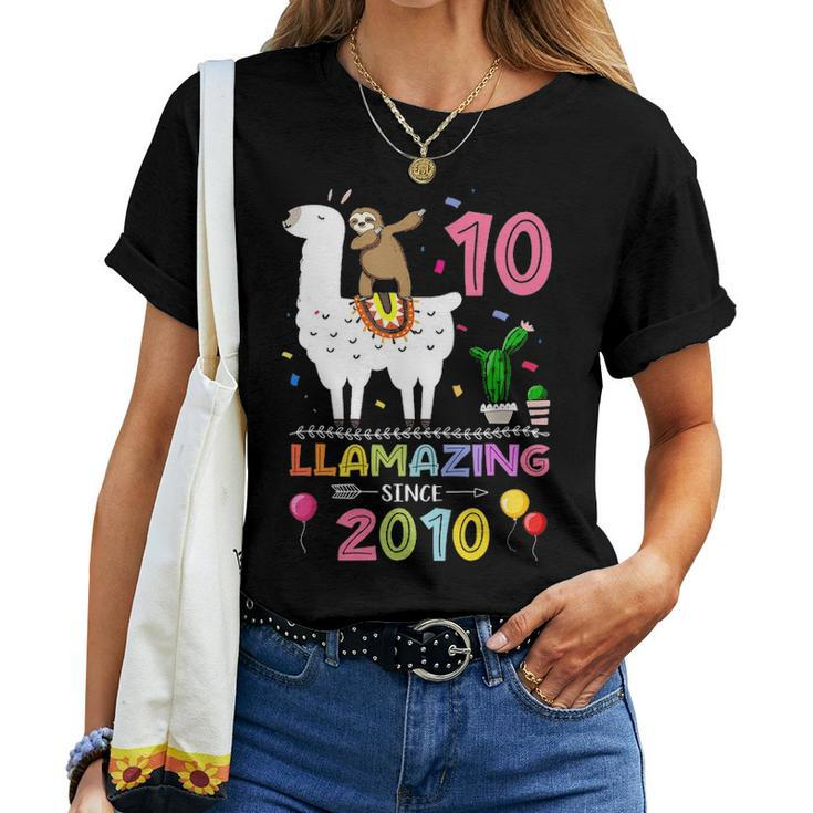 Cute 10Th Birthday Gift Sloth And Llama Llamazing Since 2010 Women T-shirt