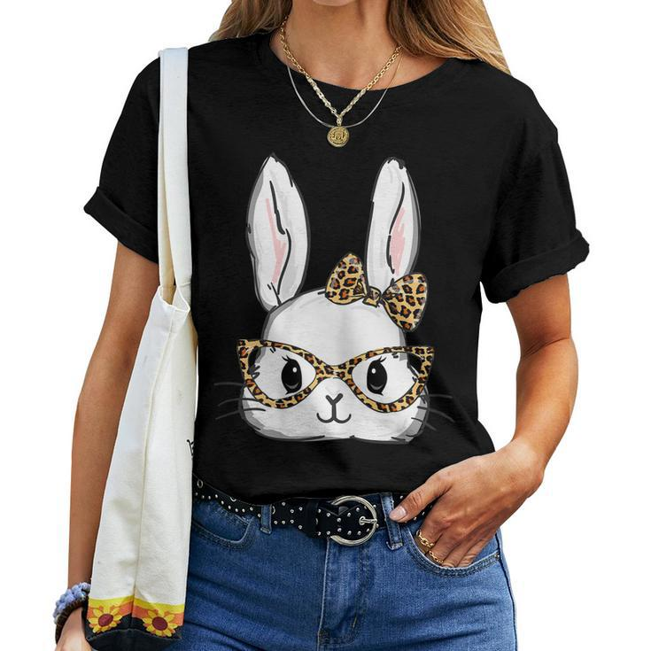 Womens Cute Bunny Face Leopard Glasses Headband Happy Easter Day Women T-shirt