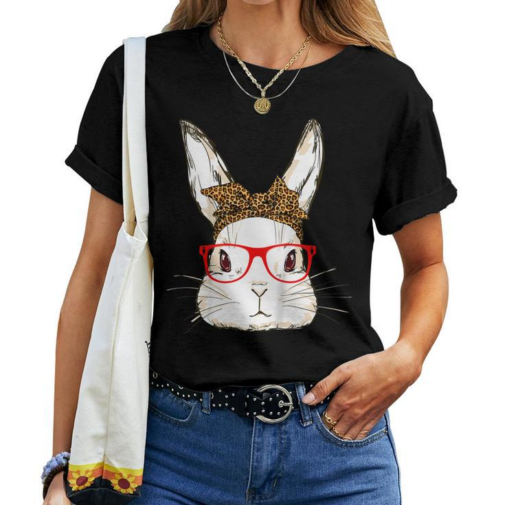Cute Bunny Mom Leopard Bandana Sunglasses Easter Day Women T-shirt