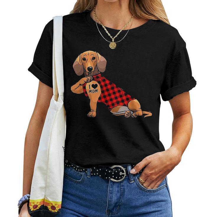 Cute Dachshund Dog I Love Mom Tattoo Gift Mothers Day Women T-shirt