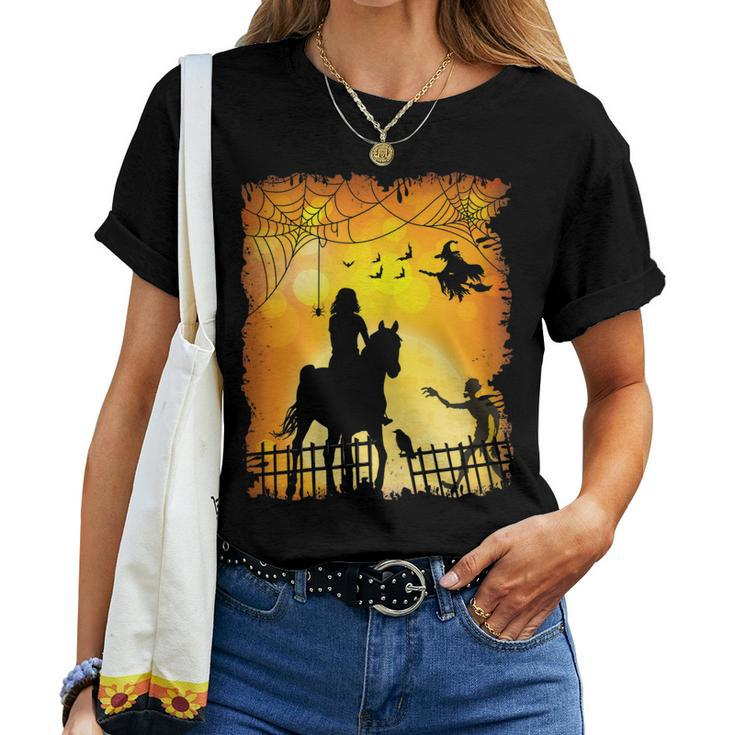 Equestrian Girl Riding Horse Scary Horseback Rider Halloween Women T-shirt