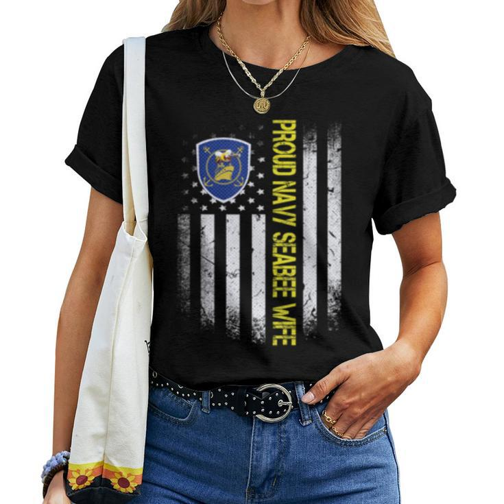 Flag Usa Proud Us Navy Seabee Wife Us Military Family Women T-shirt