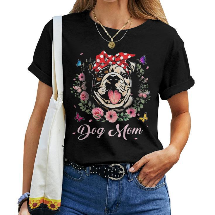 Funny English Bulldog Mom Flowers Graphic Mothers Day Gift Women T-shirt